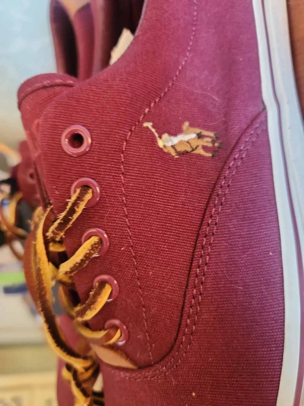 Polo by Ralph Lauren Maroon Canvas Boat Shoes with Tan Laces